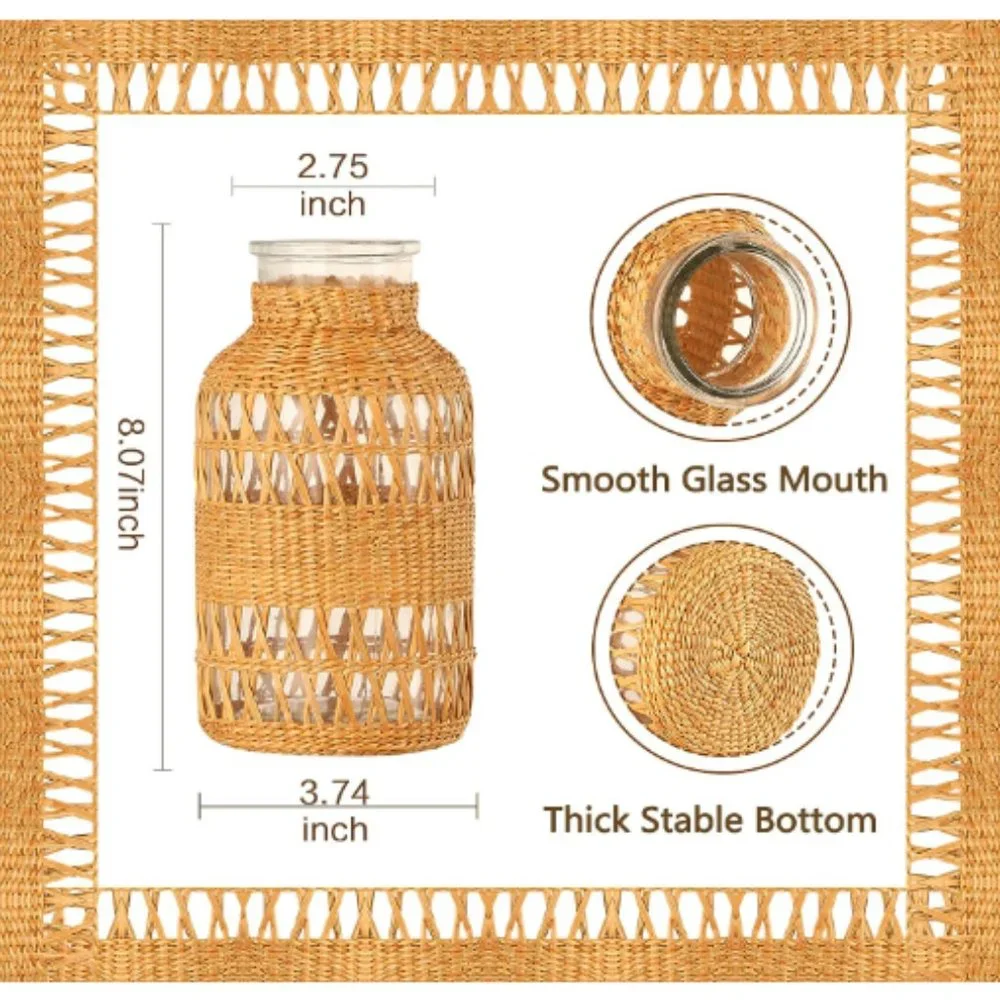Rustic Farmhouse Vase - Hand Woven Rattan Glass Vase - Dried Pampas Flower Vase